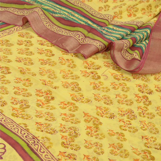 Sanskriti Vintage Yellow Sarees Block Printed Blend Georgette Sari Craft Fabric