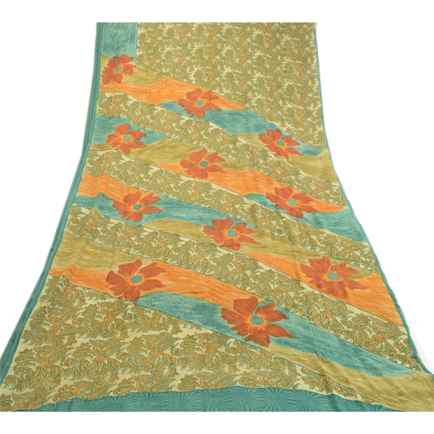 Sanskriti Vintage Green Sarees Pure Georgette Silk Printed Sari 5yd Craft Fabric