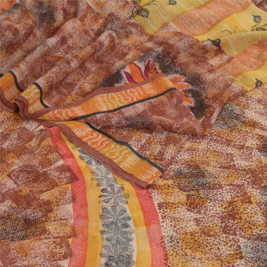 Sanskriti Vintage Brown Sarees Indian Pure Georgette Silk Printed Sari Fabric