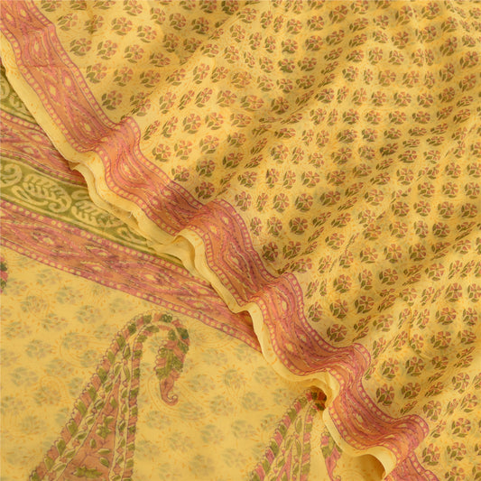 Sanskriti Vintage Yellow Sarees Block Printed Pure Georgette Sari Craft Fabric