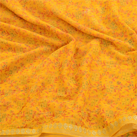 Sanskriti Vintage Saree Yellow Chiffon Zari Border-Floral Paisley Printed Sari 6+Yd Craft Fabric Uses-linen, Cushions, Curtains, Dressing