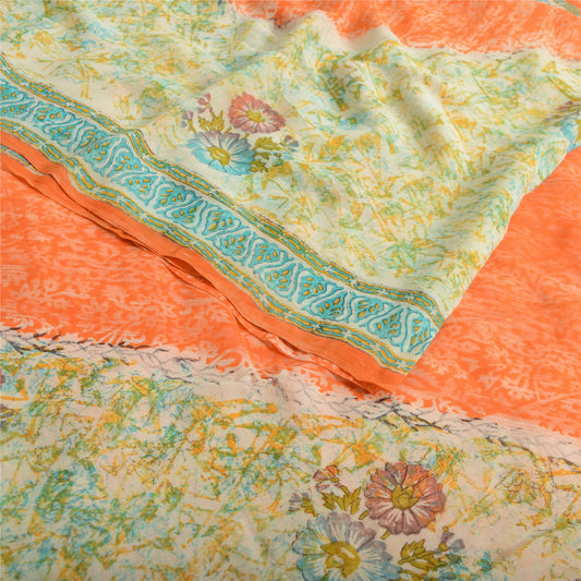Sanskriti Vintage Orange/Cream Sarees Pure Georgette Printed Sari Craft Fabric