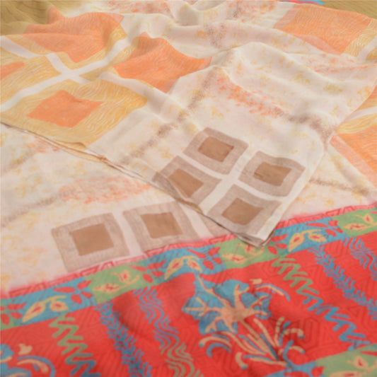 Sanskriti Vintage Ivory Sarees Pure Georgette Printed Sari 5Yd Craft Fabric
