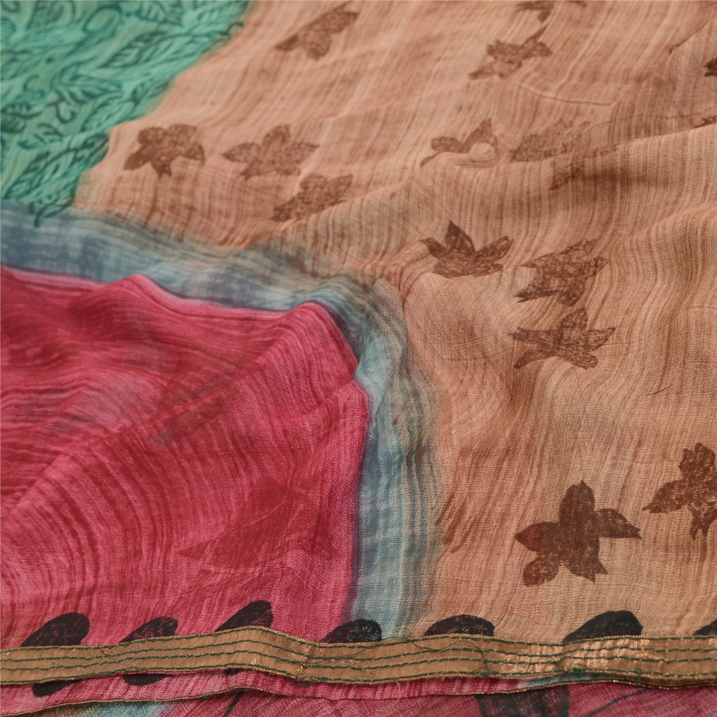 Sanskriti Vintage Brown &Green Sarees Pure Georgette Print Sari 5yd Craft Fabric