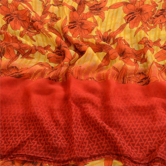 Sanskriti Vintage Yellow Indian Sarees Printed Georgette Sari Craft 5Yard Fabric