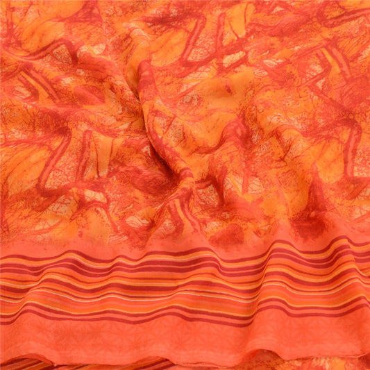 Sanskriti Vintage Orange Indian Sarees Georgette Printed Sari Craft 5Yard Fabric