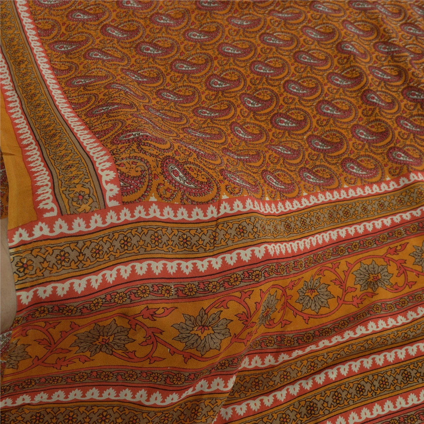 Sanskriti Vintage Yellow Sarees Pure Georgette Paisley Printed Sari Craft Fabric