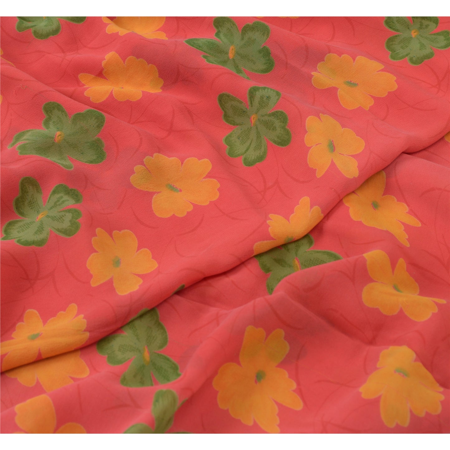 Sanskriti Vintage Saree Red-Orange 100% Pure Georgette Silk Floral Printed Sari 5Yd Craft Fabric Uses-linen, Cushions, Curtains, Dressing