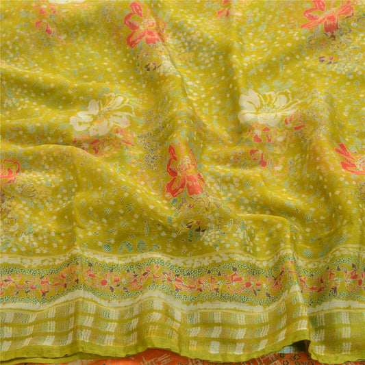 Sanskriti Vintage Green Indian Sarees Chiffon Printed 5 Yard Sari Craft Fabric