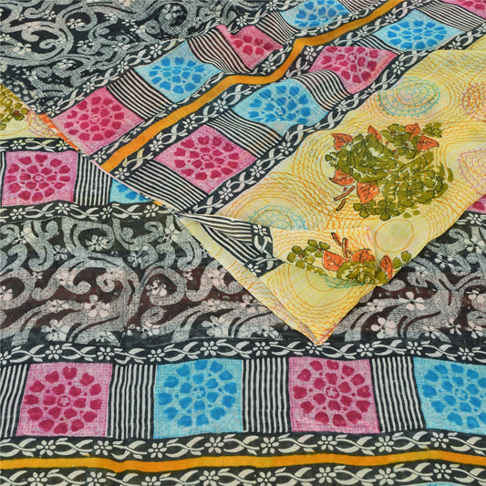 Sanskriti Vintage Multicolor Saree 100% Pure Georgette Silk Floral Printed 5 Yard Sari Craft Decor Fabric Uses-Table linen, Cushions
