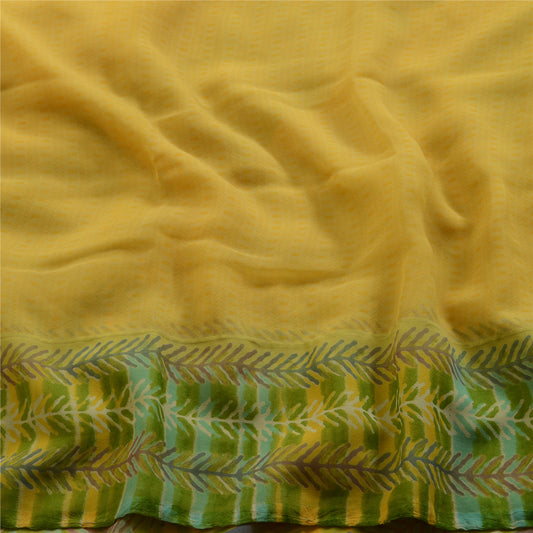 Sanskriti Vintage Yellow Indian Sari Leaf Printed Georgette Sarees Craft Fabric