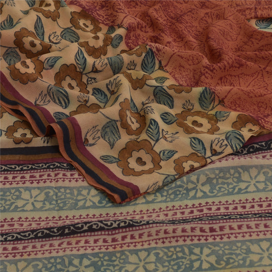 Sanskriti Vintage Saree Brown 100% Pure Georgette Silk Floral Printed Sari 5.5+YD Craft Fabric Crafting, Upcycling,Dress Making,Home Decor