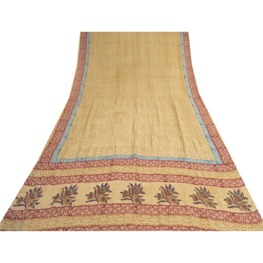 Sanskriti Vintage Cremefarvede Sarier 100% Ren Georgette Silke Trykt Sari 5 Yard Bæredygtigt Stoff