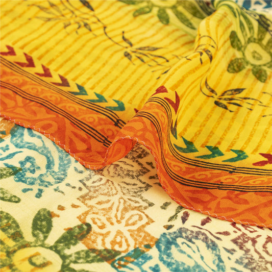 Sanskriti vintage Yellow Sarees Pure Georgette Silk Printed Sari Craft Fabric
