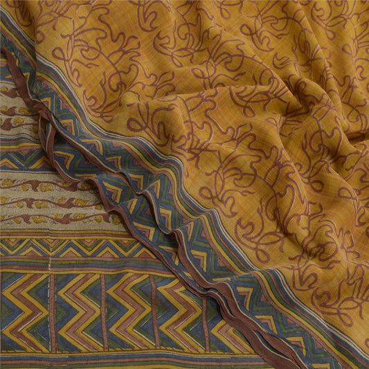 Sanskriti Vintage Sarees Yellow Sewing Fabric Pure Georgette Silk Printed Sari