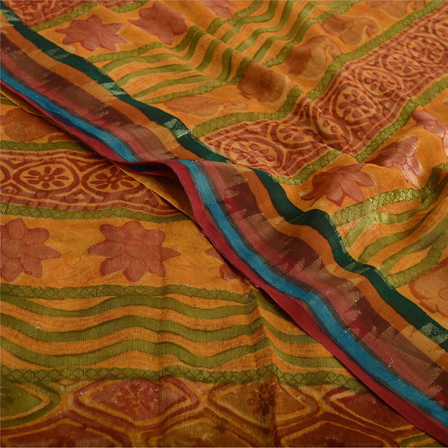 Sanskriti Vintage Saffron Sarees Print Pure Georgette Sari 6 YD Craft Fabric