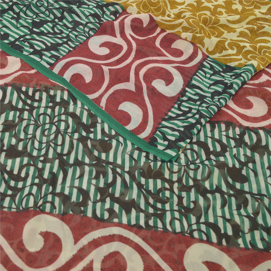 Sanskriti Vintage Blend Georgette Silk Indian Multicolor Printed Sarees 5 Yd Sewing Fabric Create-Floral Dresses,Skirts, Tops, Projects