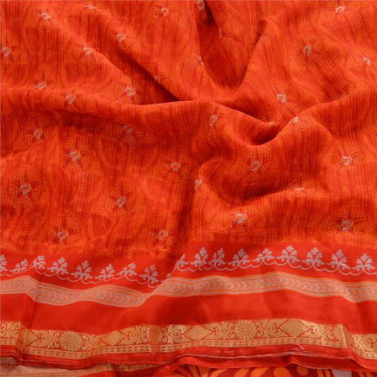 Sanskriti Vintage Indian Red Sarees Printed Chiffon Sari Sewing Soft Fabric