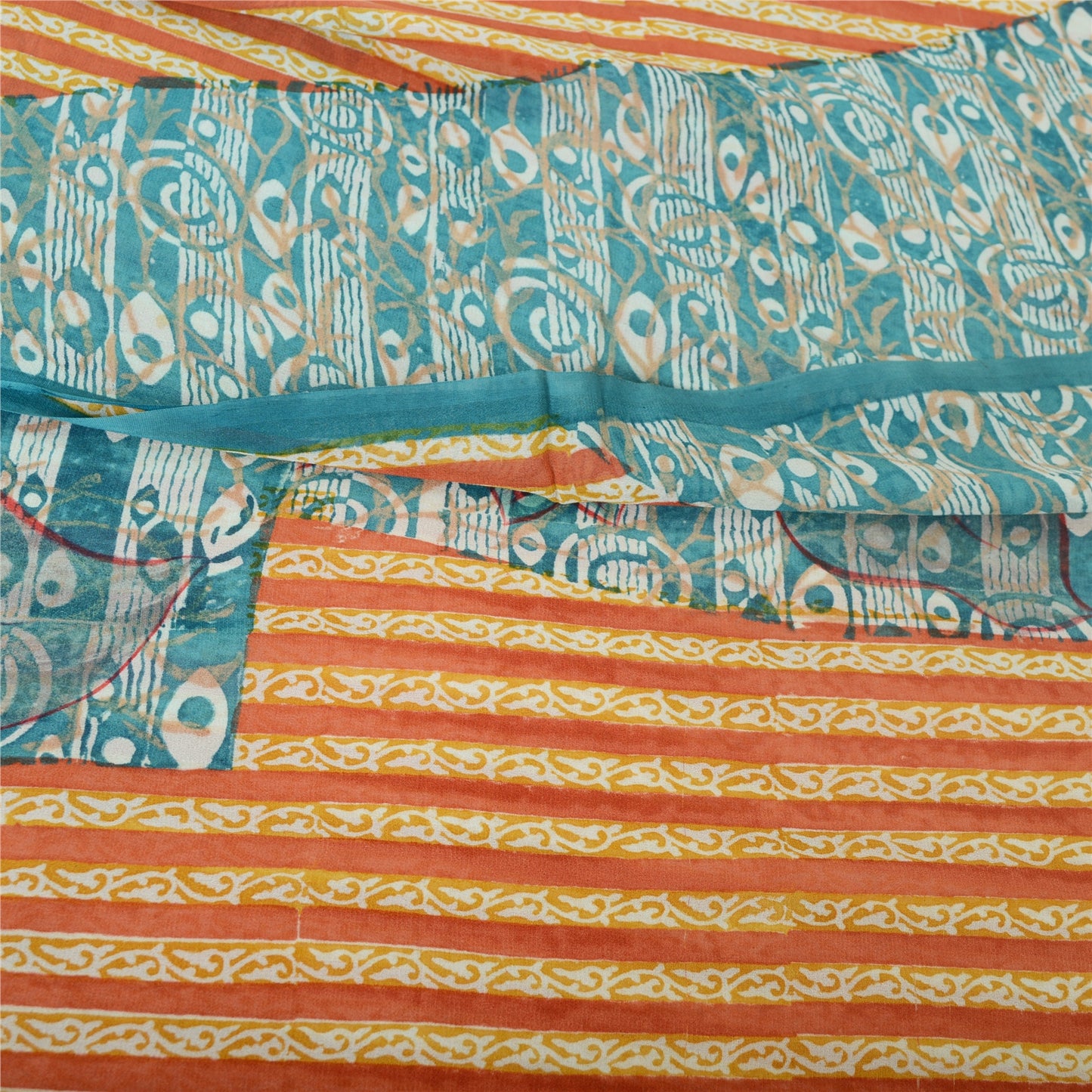 Sanskriti Vintage Sari 100% Pure Georgette Silk Orange/Blue Printed Sarees 6 Yd Fabric Recycled For Quilting Felting, Home Decor