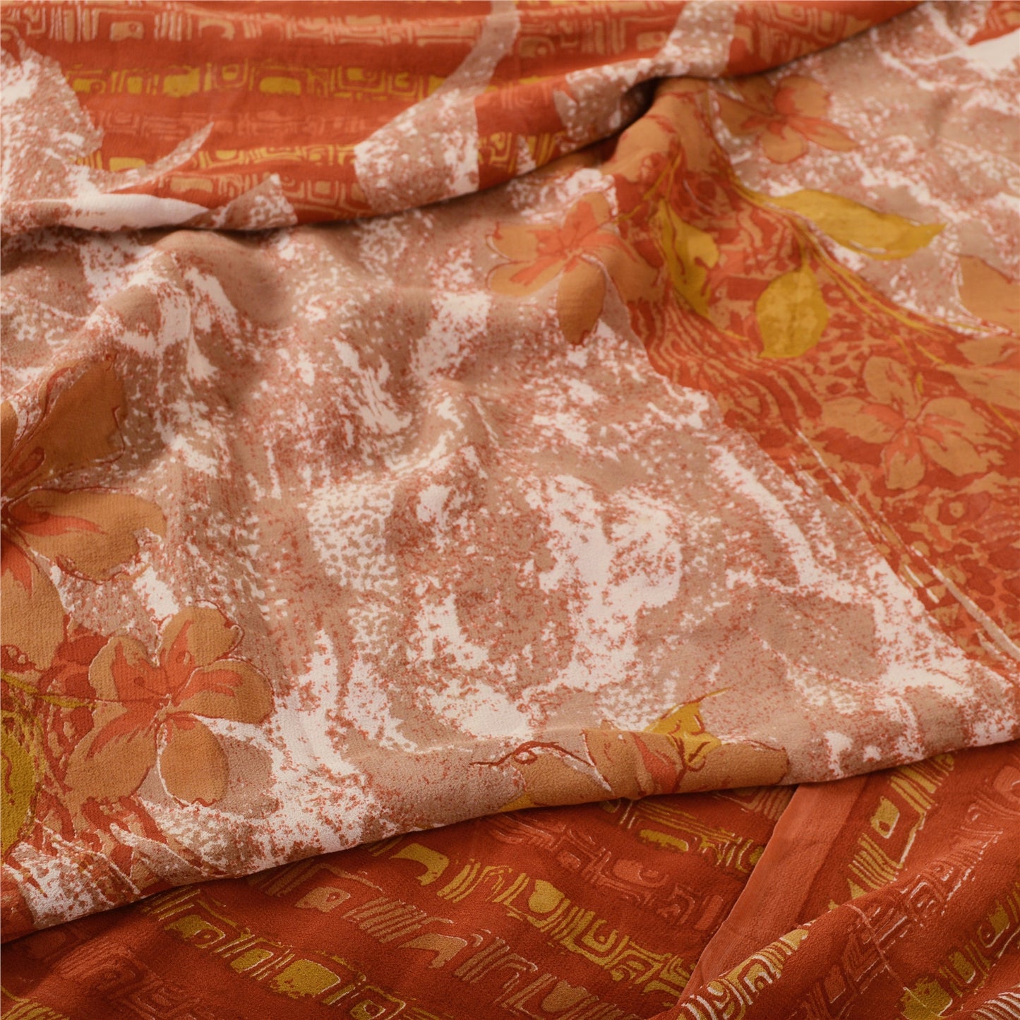 Sanskriti Vintage Sari 100% Pure Georgette Silk Orange/Mustard Printed Saree 5 Yd Fabric Floral Recycled For Quilting Felting, Home Decor