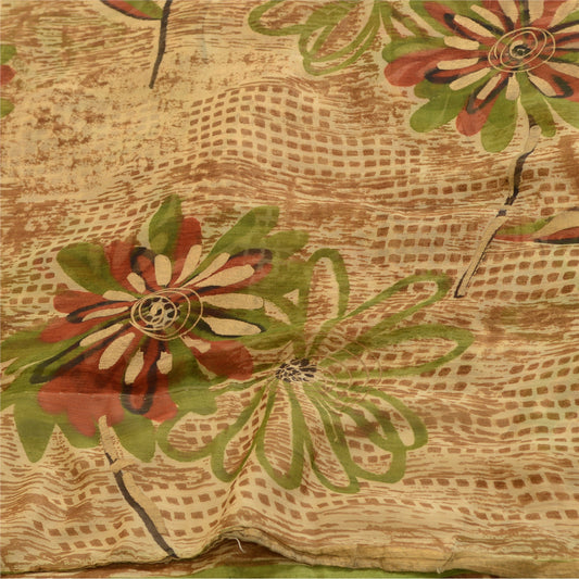 Sanskriti Vintage Brown Indian Sarees Chiffon Printed Sari Floral Craft Fabric