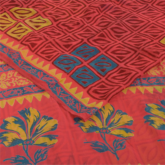 Sanskriti Vintage Pure Georgette Silk Sarees Red Printed Sari 5Yd Craft Fabric