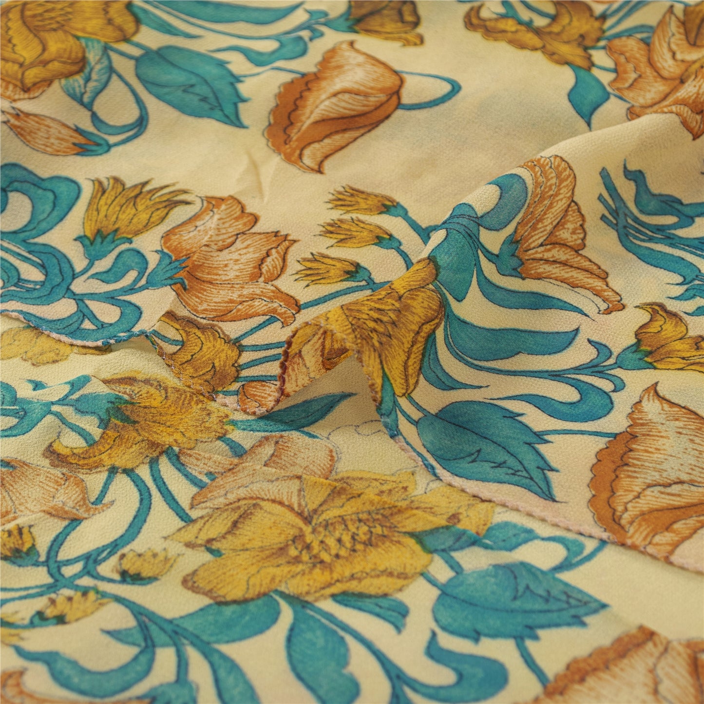 Sanskriti Vintage Sari Blend Georgette Cream Printed Sarees 5 Yard Craft Fabric upholstery fabric