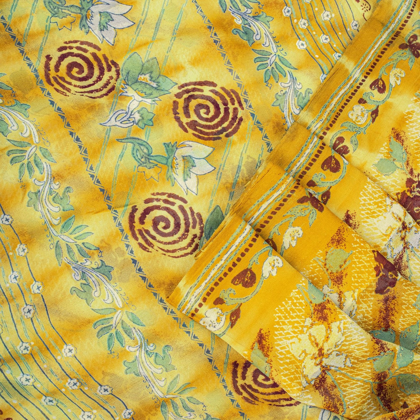 Sanskriti Vintage Saree Yellow Pure Georgette Floral Print Sari 5.5+Yard Fabric