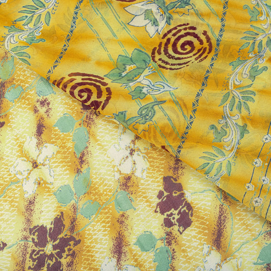 Sanskriti Vintage Saree Yellow Pure Georgette Floral Print Sari 5.5+Yard Fabric