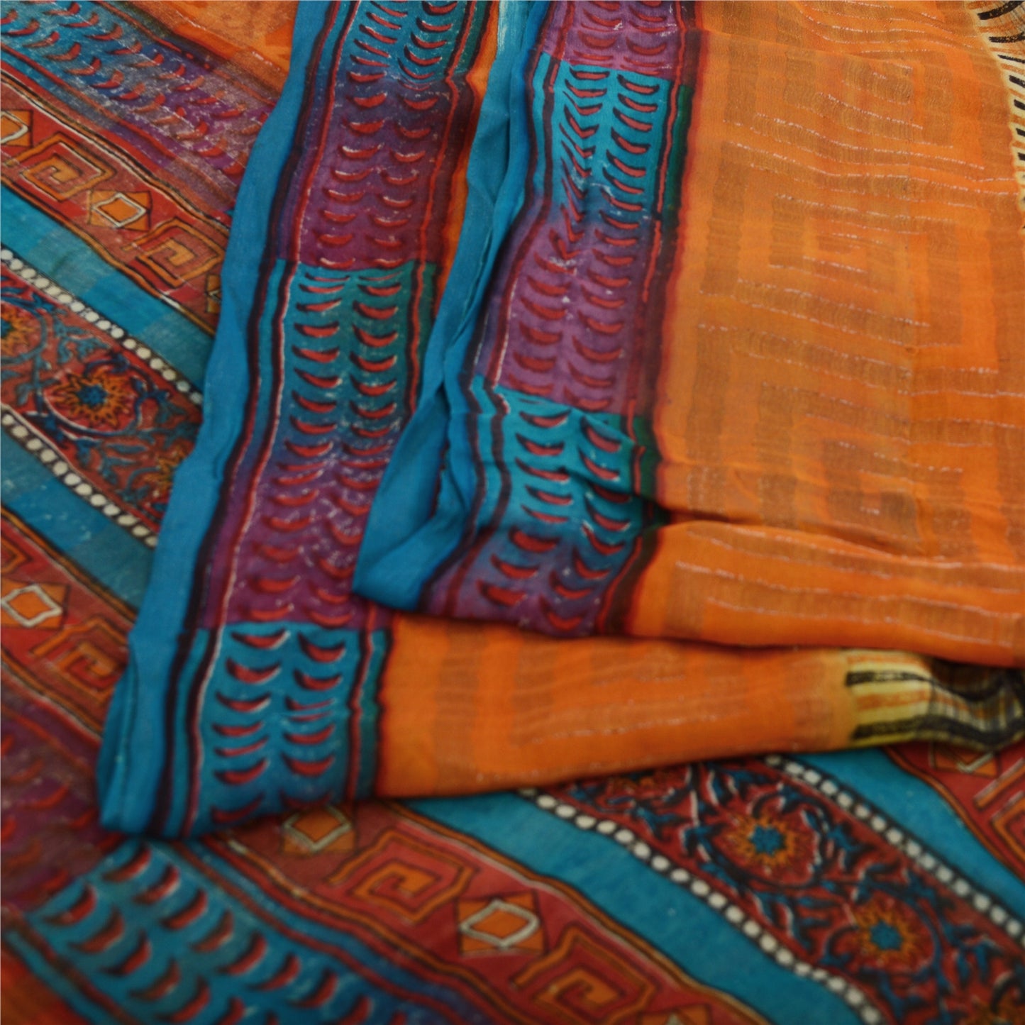 Sanskriti Vintage 100% Pure Georgette Silk Orange Printed Saree 5 Yd Craft Fabric Floral Recycled For Quilting Felting, Home Decor