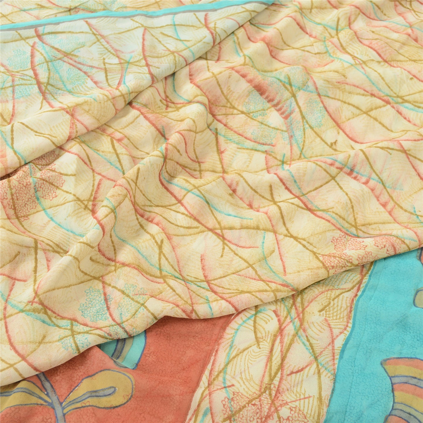 Sanskriti Vintage Saree Cream 100% Pure Georgette Silk 5.5 Yard Saree Bollywood Floral Printed Fabric Home Decor, Sewing, DIY Projects