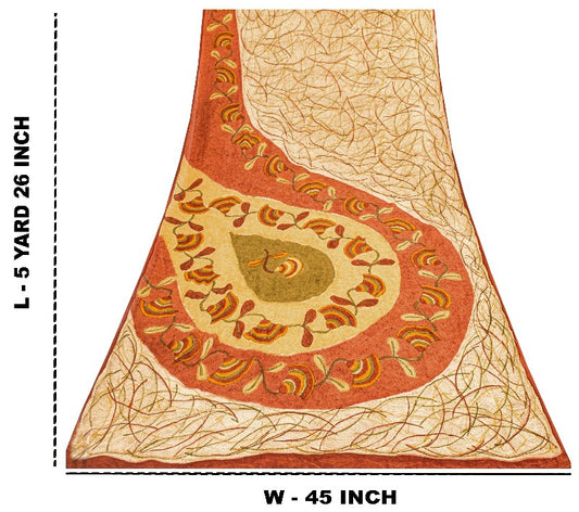 Sanskriti Vintage Cream Saree Pure Georgette Silk Printed Sari 5 Yd Craft Sustainable Fabric