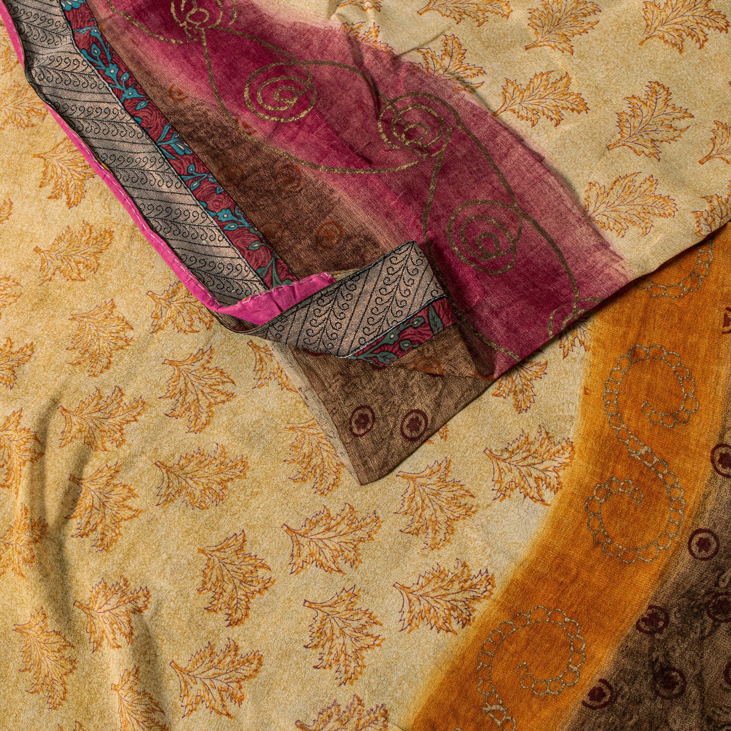 Sanskriti Vintage Sari 100% Pure Georgette Silk Brown Printed Floral Saree 5Yd Craft Fabric Boho Quilting Material For DIY Projects