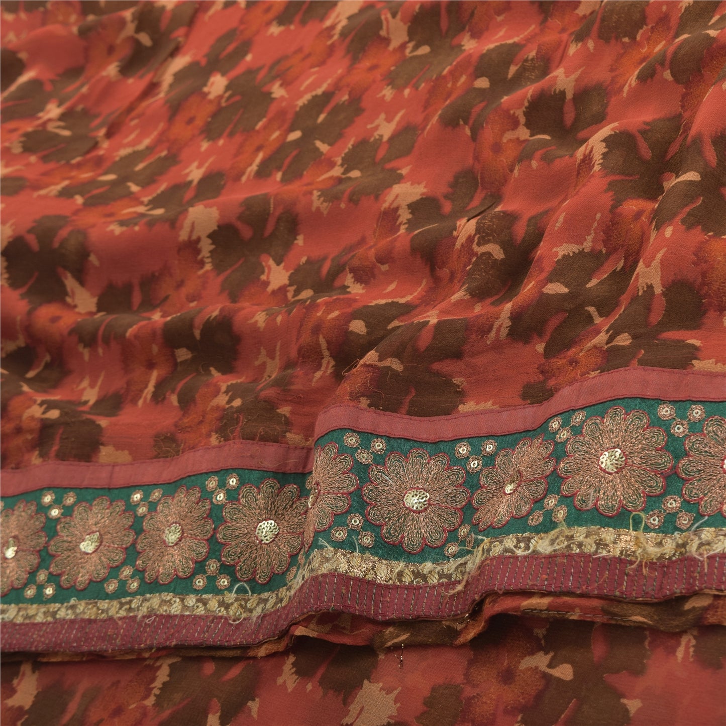 Sanskriti Vintage 100% Pure Georgette Silk Orange Printed Sarees 5 Yd Craft Fabric Bohemian Fabric For Dressmaking,Upcyclers