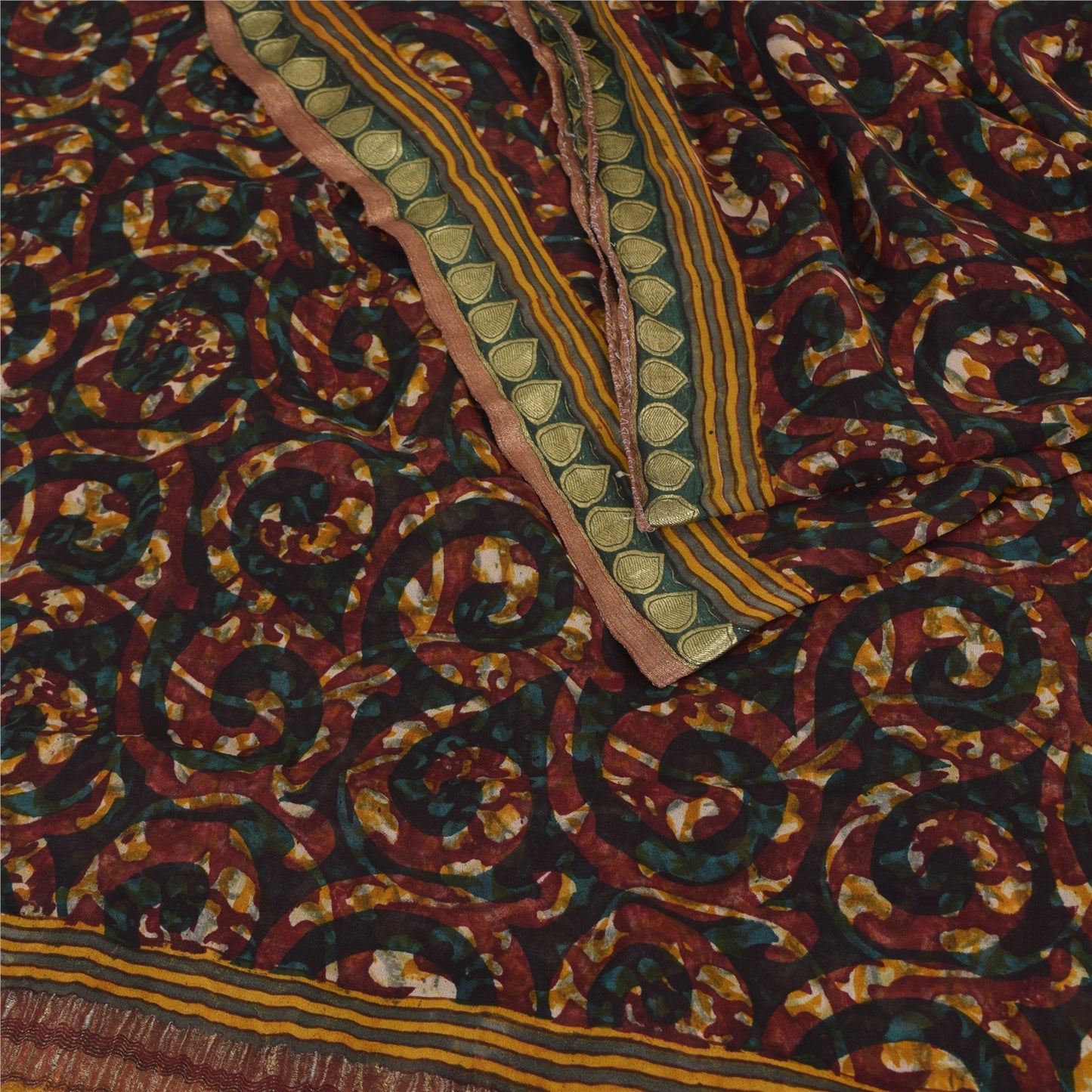 Sanskriti Vintage Saree 100% Pure Chiffon Silk Soft Brown 5.5+Yard Saree Floral Printed Zari Border Craft Fabric Indian Textile Heritage