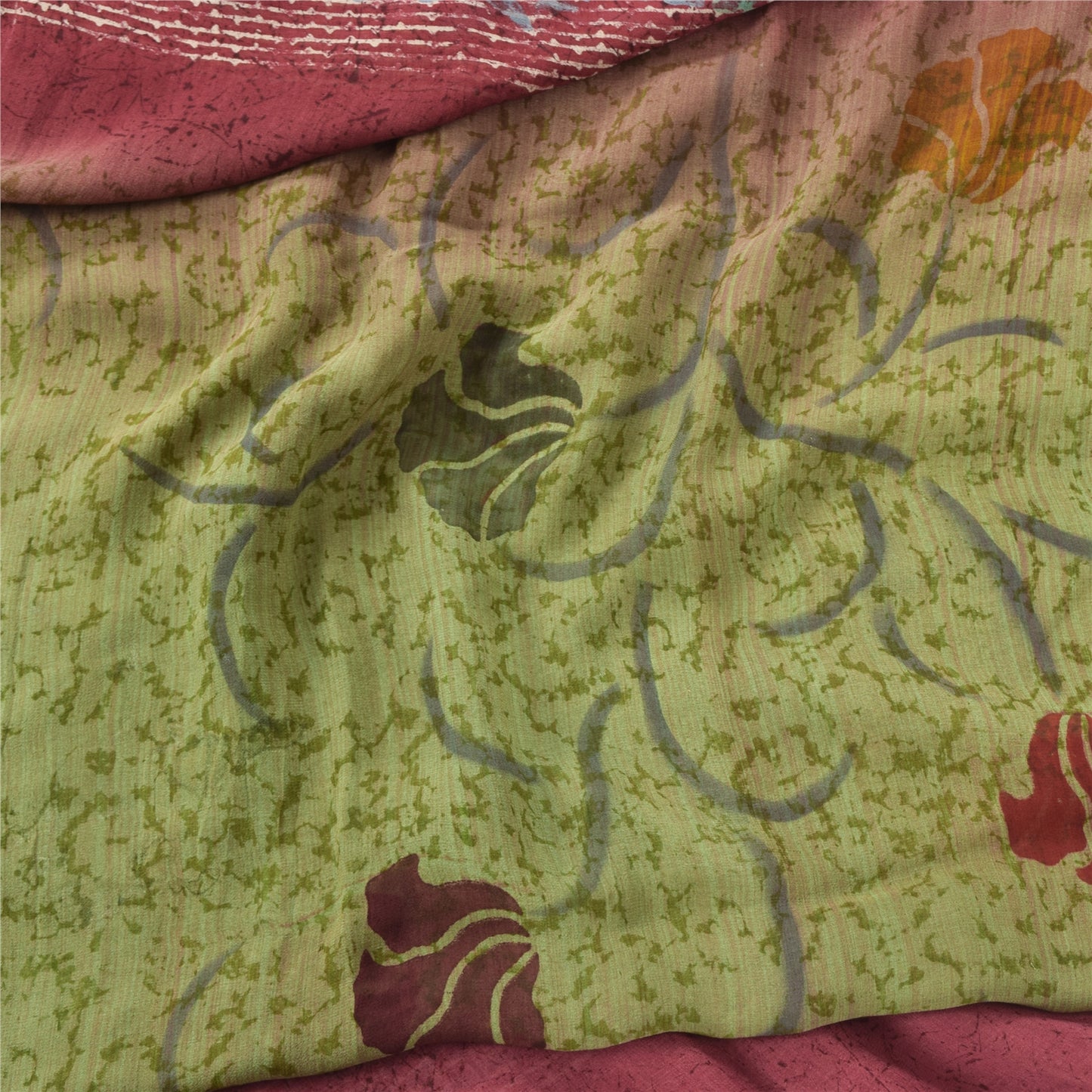 Sanskriti Vintage 100% Pure Georgette Silk Purple/Green Printed Sarees 5 Fabric For Crafting, Upcycling, or Even Wearing