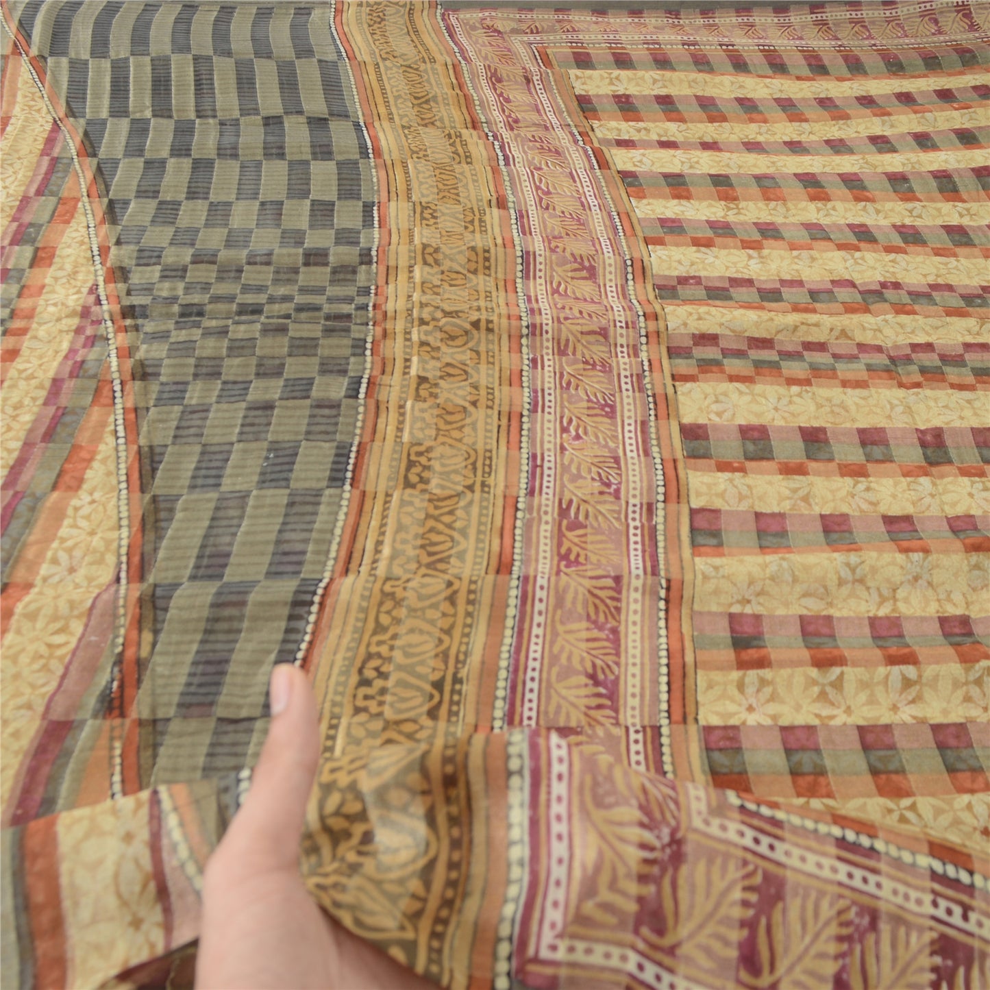 Sanskriti Vintage 100% Pure Georgette Silk Brown Saree Floral Printed 6 Yd Craft Fabric Floral Recycled For Quilting Felting, Home Decor