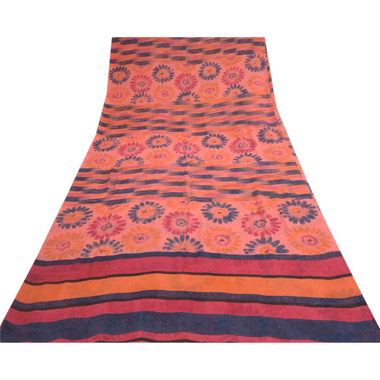 Sanskriti Vintage Peach Sarees Pure Georgette Silk Printed Sari 5Yd Craft Fabric