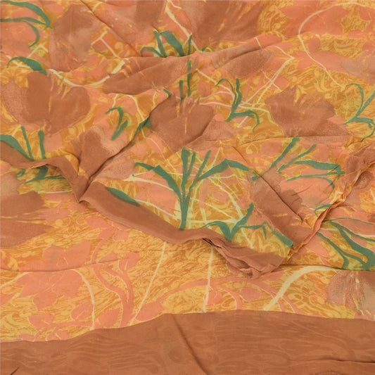 Sanskriti Vintage Yellow Sarees Printed Sari Blend Georgette Sewing 5Yd Sustainable Fabric