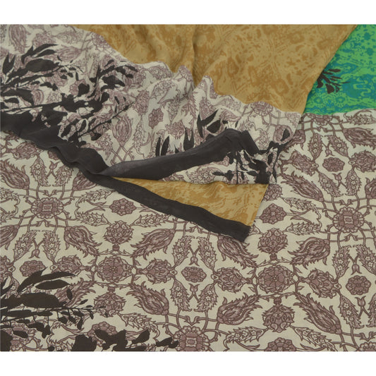 Sanskriti Vintage Sarees Green Printed Sari Pure Georgette Silk 5YD Craft Fabric