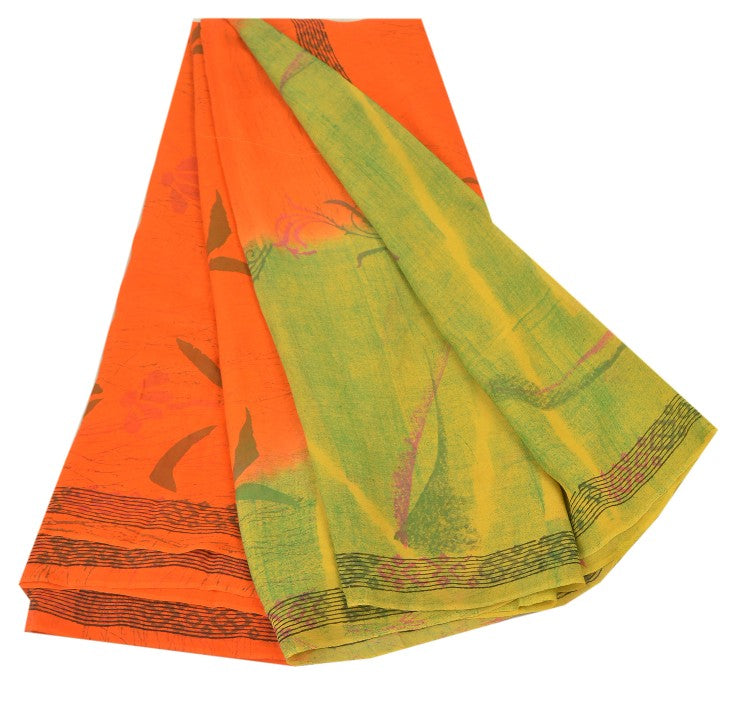 Sanskriti Vintage Orange Sarees Pure Georgette Silk Printed Sari Craft Sustainable Fabric