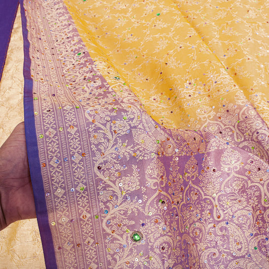 Sanskriti Vintage Saree Yellow-Purple Art Silk Hand Embroidery-Woven Fabric Sari