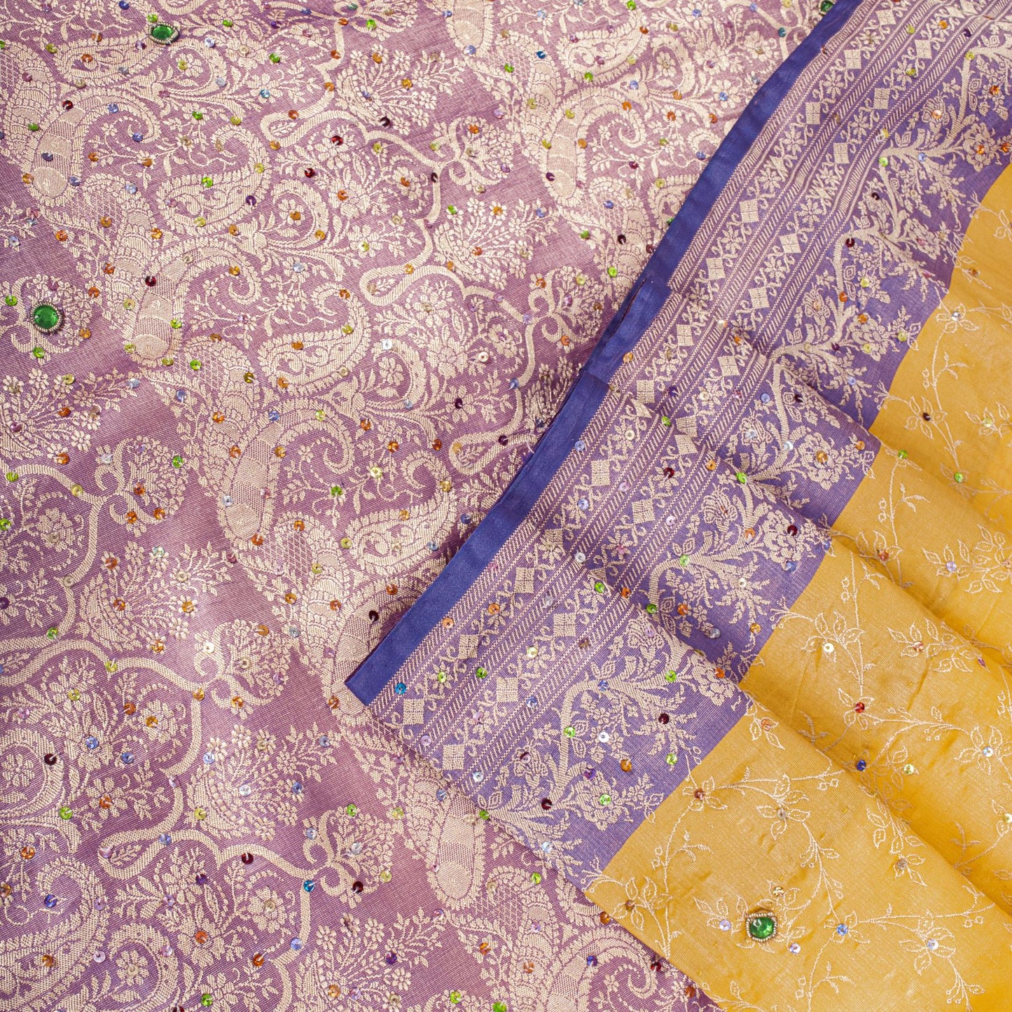 Sanskriti Vintage Saree Yellow-Purple Art Silk Hand Embroidery-Woven Fabric Sari
