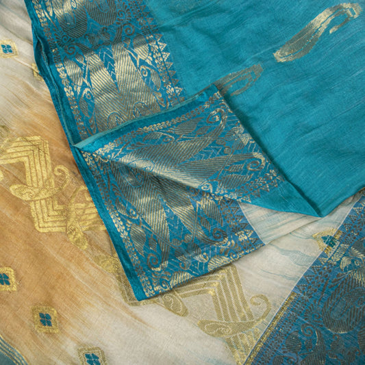 Sanskriti Vintage Saree Blue Blend Cotton Bhagalpuri StyleZari Woven Fabric Sari