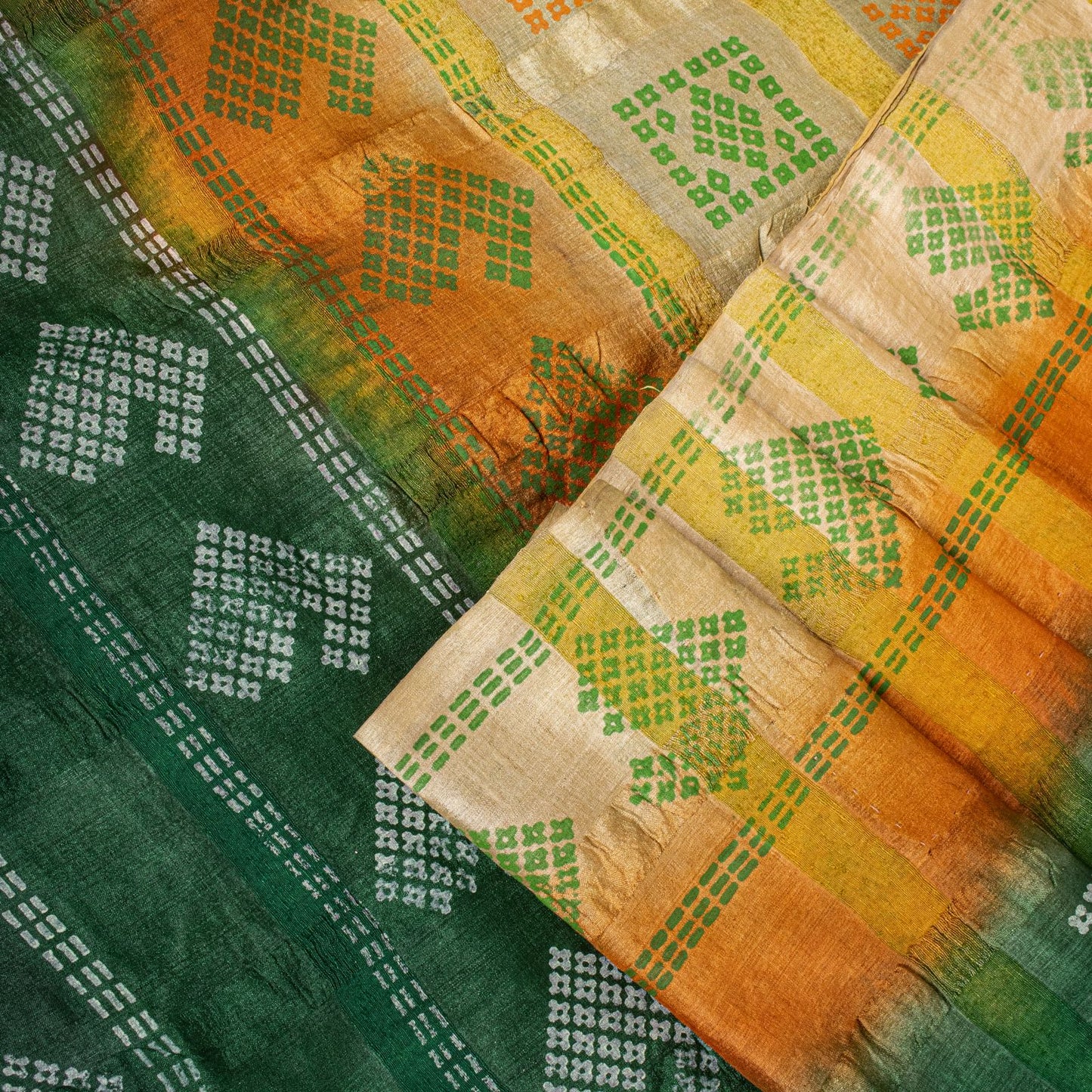 Sanskriti Vintage Saree Green Pure Silk Hand Block Print-Woven Fabric IndianSari