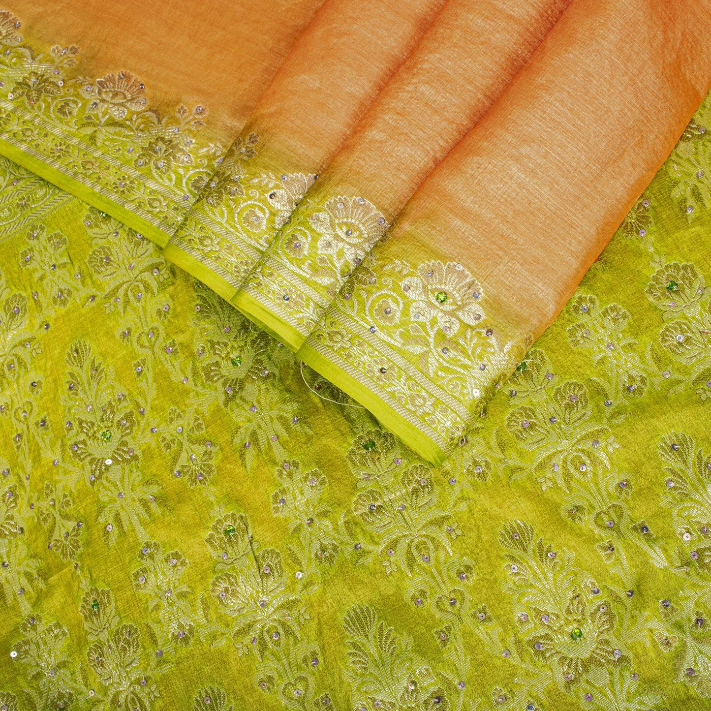 Sanskriti Vintage Saree Orange Pure Silk Hand Embroidery-Woven Fabric IndianSari