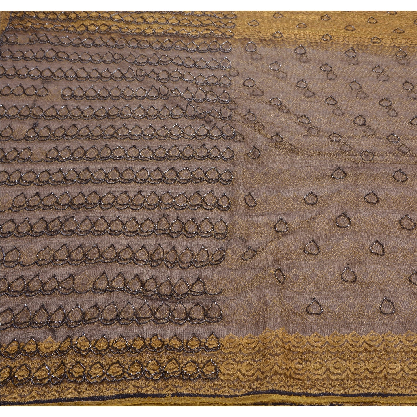 Sanskriti Vintage Black Sarees Net Mesh Hand Beaded Woven Craft Fabric Sari