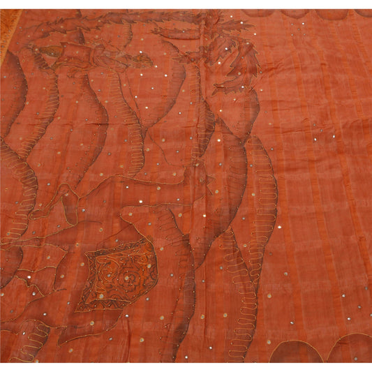 Sanskriti Vintage Sarees 100% Pure Silk Hand Beaded Orange Craft Fabric Sari