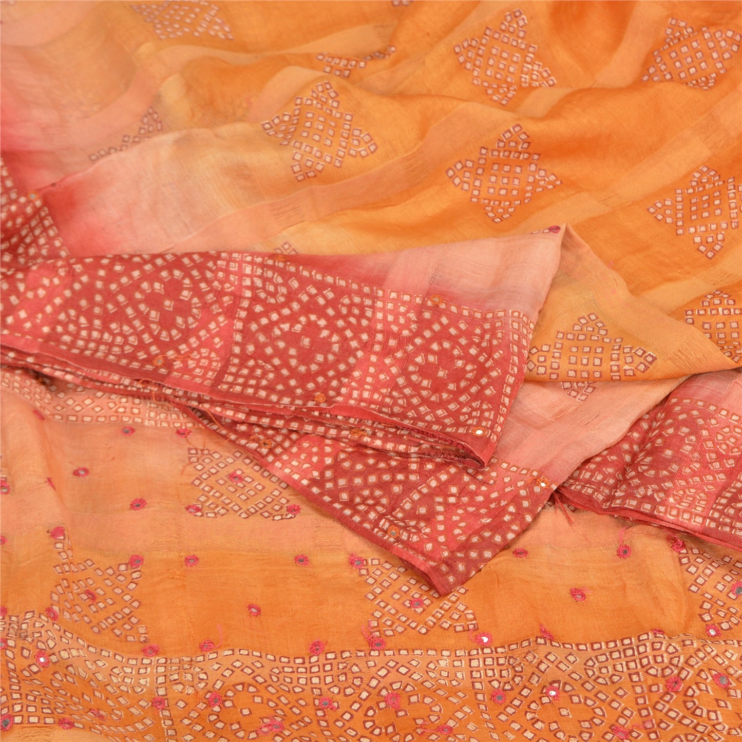 Sanskriti Vintage Orange Sarees Pure Silk Hand Embroidered Craft Fabric Sari