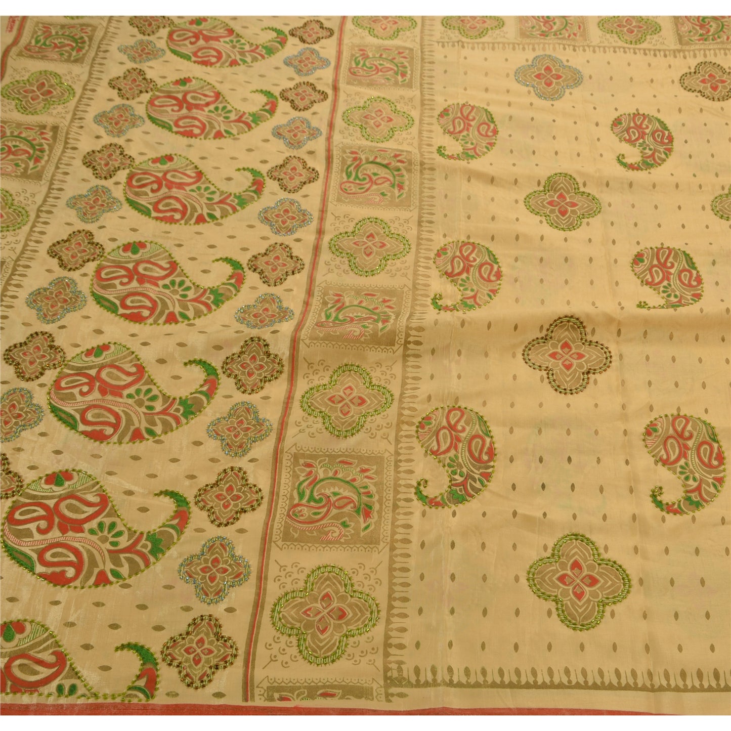 Sanskriti Vintage Sarees Art Silk Hand Beaded Painted Craft Cream Fabric Sari